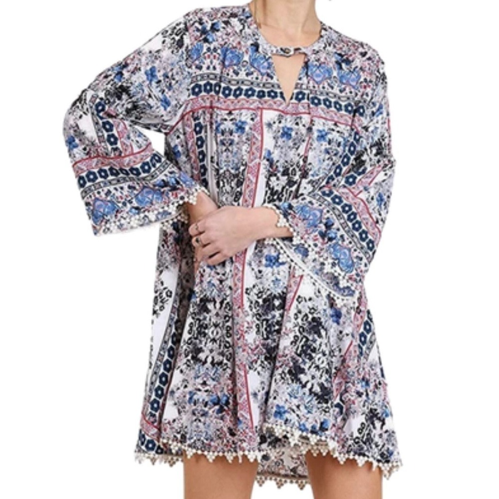 Umgee Womens Boho Floral Geometric Bell Sleeve Tunic Mini Dress Blue Red‎ Small
